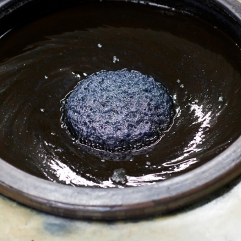 液面に浮かぶ「藍の華」